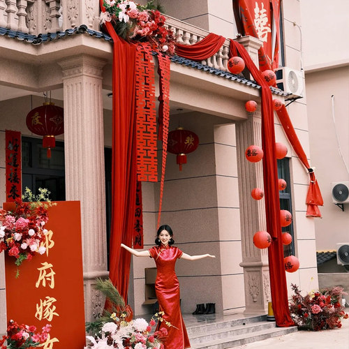 结婚庭院布置农村自建房院子大门口婚礼喜字拉花灯笼小区瀑布装饰 - 图2