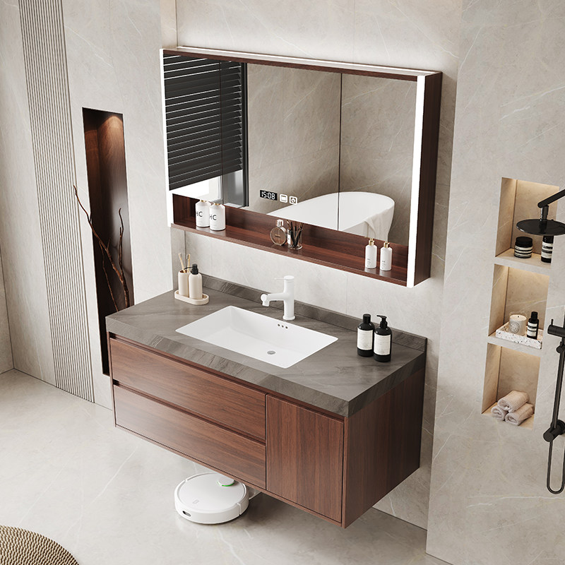中古风胡桃木色岩板陶瓷一体盆浴室柜卫生间洗漱台洗手盆柜组合,淘宝优惠券,粉丝福利购,淘宝优惠卷