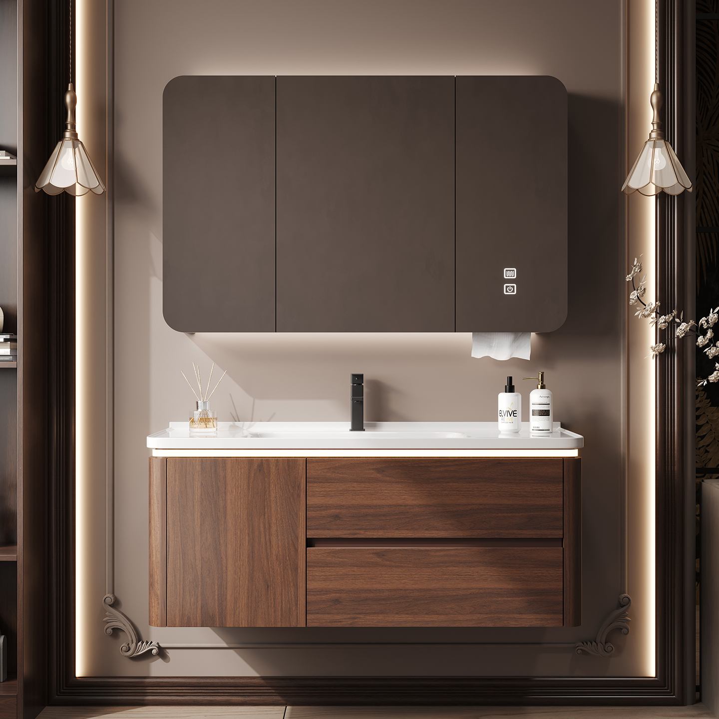 Medieval style arc bathroom cabinet combined with ceramic integrated basin