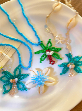 海边度假风贝壳花朵蓝色串珠项链