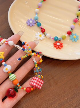 夏日多巴胺彩色串珠项链女2025