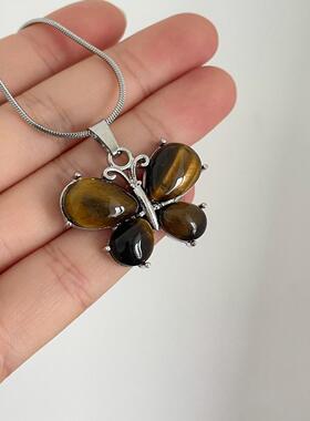 玫瑰纱琥珀棕虎眼石蝴蝶吊坠小众设计感锁骨中式朋克复古蛇骨项链