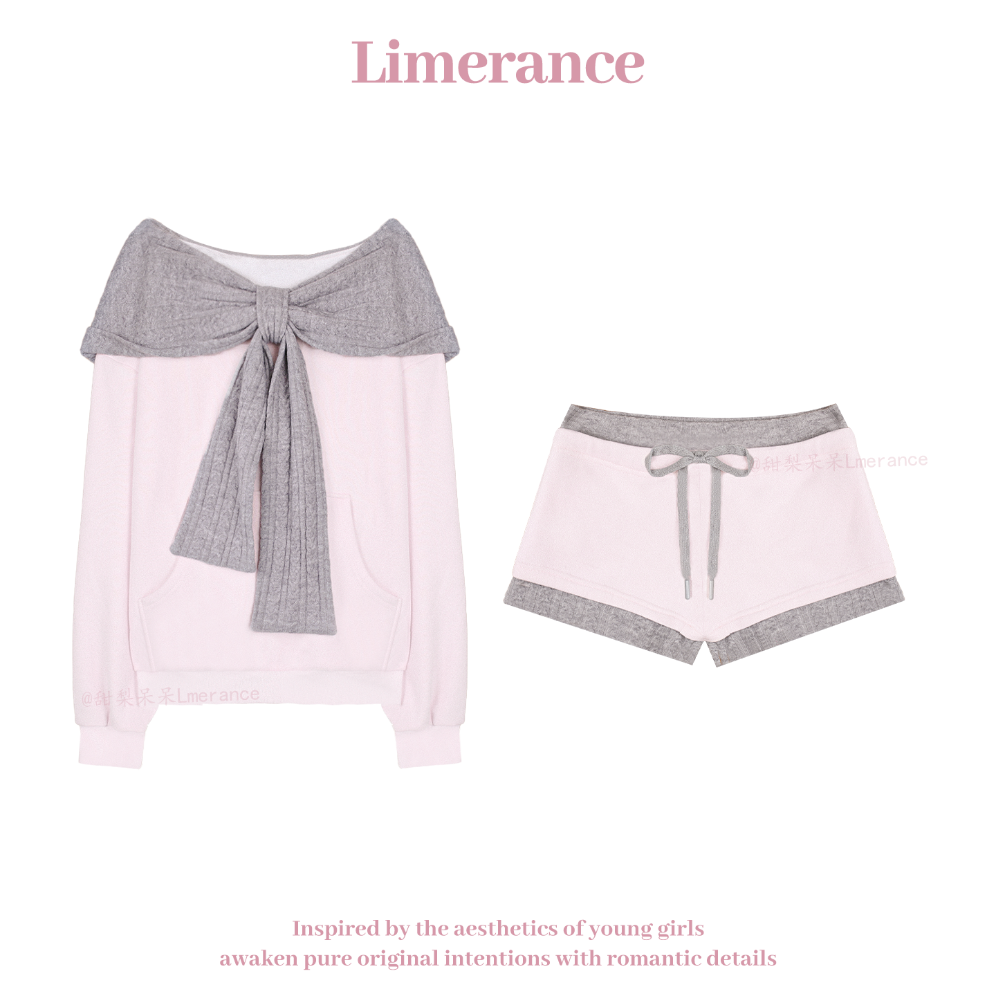 雾港甜章 设计感撞色一字肩多穿连帽宽松加绒卫衣短裤套装秋冬,淘宝优惠券,粉丝福利购,淘宝优惠卷