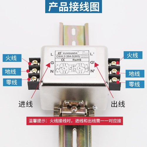 YUNSANDA电源滤波器单相交流EMI滤波器220v抗干扰CW4L2-20A-R导轨-图2