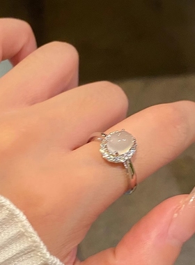 冰透白玉髓鸽子蛋戒指女纯银轻奢小众高级感新中式清冷感开口指环
