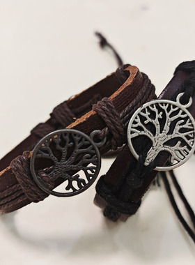 发财生命树跨境网红手环个性编织PU手链欧美复古个性创意抽拉手