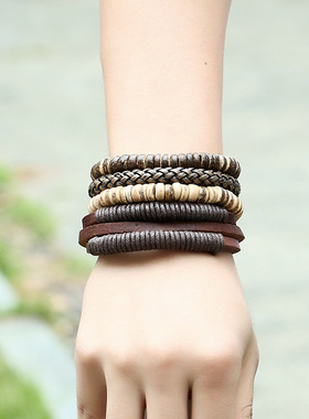 欧美简约复古套装手链diy编织牛皮手链椰壳手链男士麻绳皮革手环