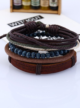 欧美流行男士首饰跨境电商稳定厂家货源复古编织diy皮质套装手链