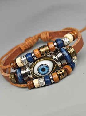 串珠多层蓝色眼睛可调节手环编织民族风个性百搭气质手链情侣