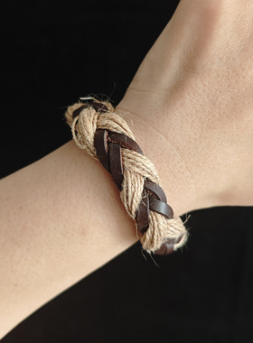 跨境网红手环欧美复古风麻绳编织皮革手链简约多层男女可调节手绳