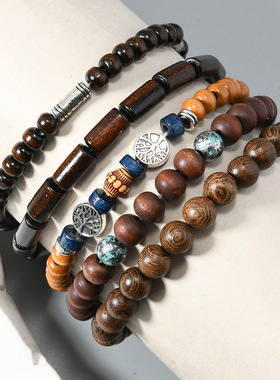 欧美复古简约5件套多层手链新款diy组合套装鸡翅木幸运树手串手镯