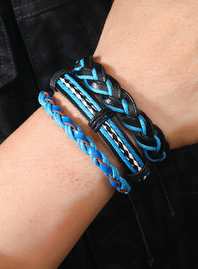 男士手工编制多层皮革手链diy5件套组合套装手环欧美热销嘻哈手绳