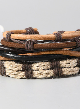 欧美热销饰品简约手工编织多层男士牛皮手链diy组合套装复古手环