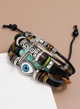 跨境热销饰品欧美新款多层串珠蓝色眼睛牛皮手链可调节潮流手饰