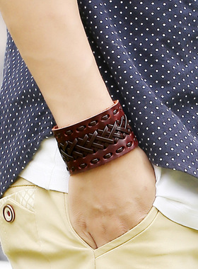 复古编织牛皮手链欧美跨境新款朋克饰品个性男士宽皮手环