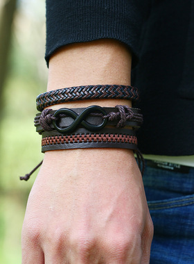 2018新款欧美复古编织多层牛皮手链跨境货源男士组合套装真皮手链