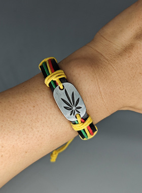 网红牙买加红黄绿亮色皮革手链嘻哈hiphop街舞彩绳编织手环拼