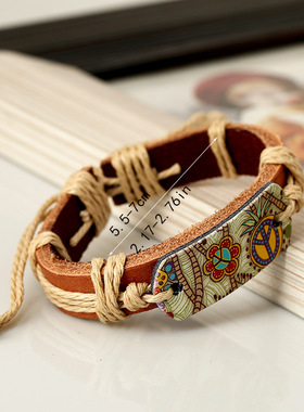 欧美流行饰品麻绳编织牛皮手链