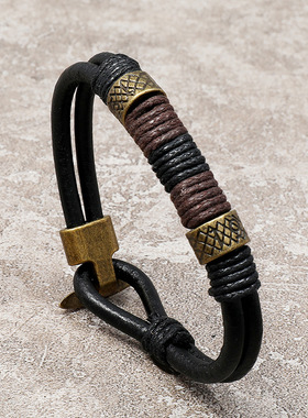 现货简约编织黑色牛皮手链欧美男士流行复古饰品跨境手饰手环