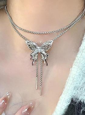 蝴蝶抽拉项链长款锁骨链腰链轻奢小众choker颈链甜酷配饰毛衣链女