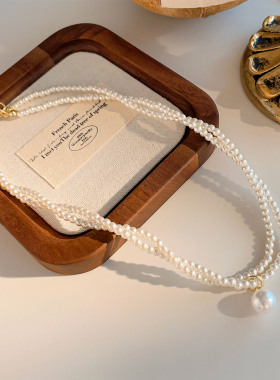 法式2025新款复古珠珠吊坠项链女氛围感百搭双层小米珠颈链锁骨链