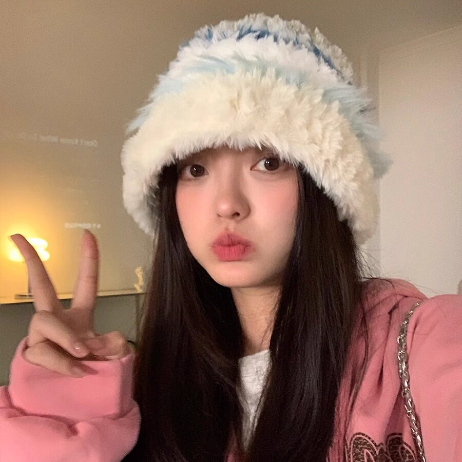 日系毛绒渔夫帽子女秋冬季显脸小彩色兔毛针织帽大头围保暖毛线帽