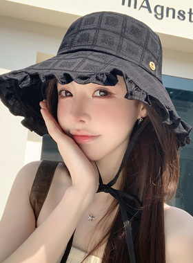 日系夏季新款大檐系带帽子女防晒