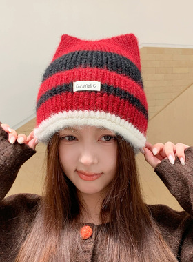 可爱猫耳朵条纹毛线帽子女秋冬保