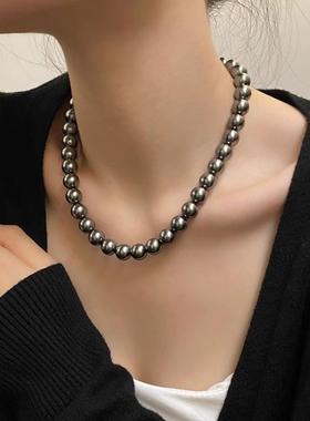 新加坡chomelkinsey2mm黑/灰珍珠项链女轻奢小众高级感复古锁骨链