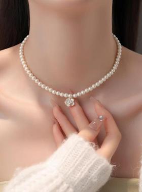 chomelkinsey山茶花项炼珍珠颈炼女法式轻奢小众气质锁骨炼高级感