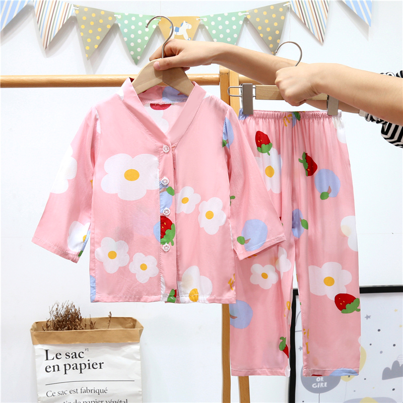 夏季儿童空调服棉绸薄款睡衣宝宝男孩女童长袖开衫印花家居服套装