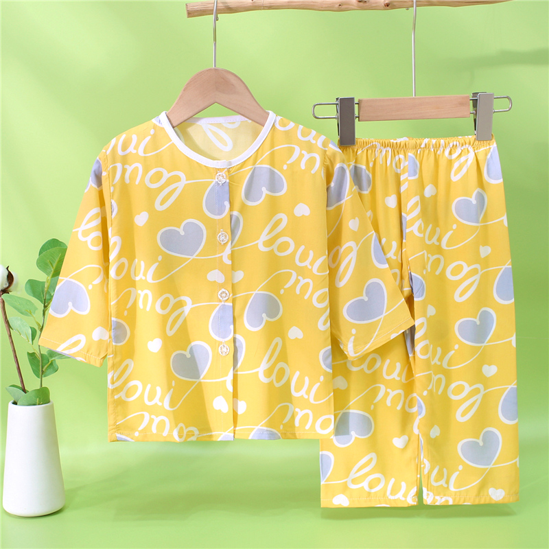 夏季儿童空调服棉绸薄款睡衣宝宝男孩女童长袖开衫印花家居服套装