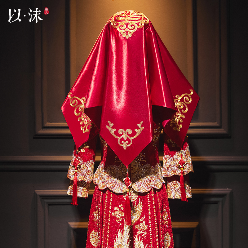 红盖头新娘结婚头纱中式秀禾服复古红色缎面流苏2023刺绣喜帕盖头_虎窝淘