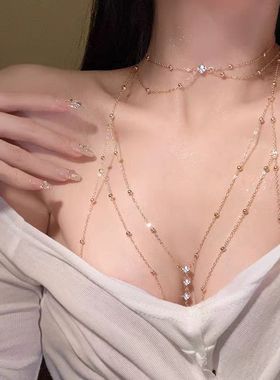 网红御姐风性感胸链多层水波链项链女火辣镶嵌身体链禁欲系饰品