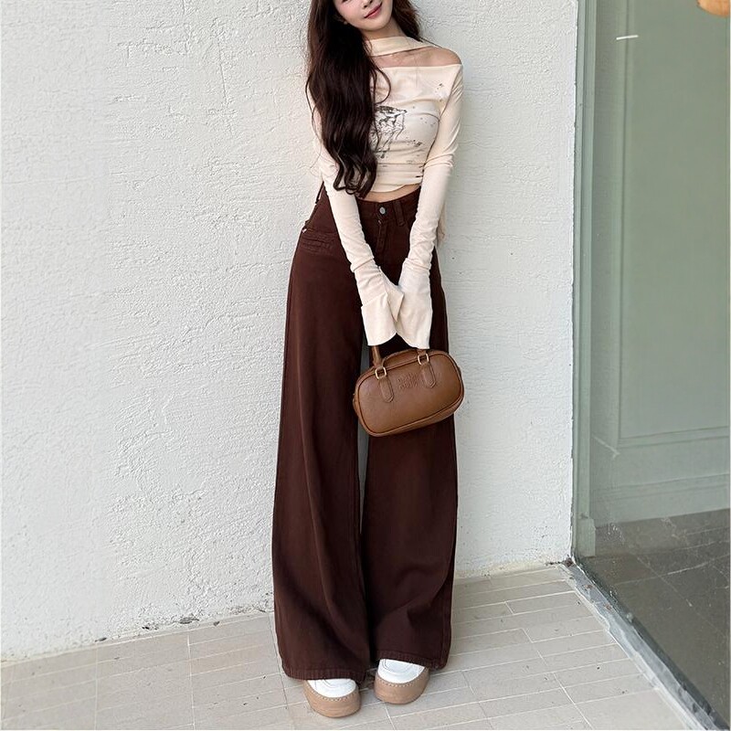 李李服饰港风咖色阔腿牛仔裤女2025秋季新款高腰宽松显瘦拖地裤