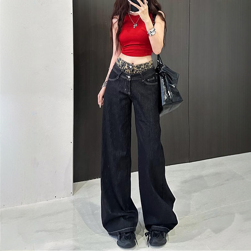李李服饰美式高街豹纹拼接阔腿牛仔裤女2025秋季假两件宽松长裤子 - 图0