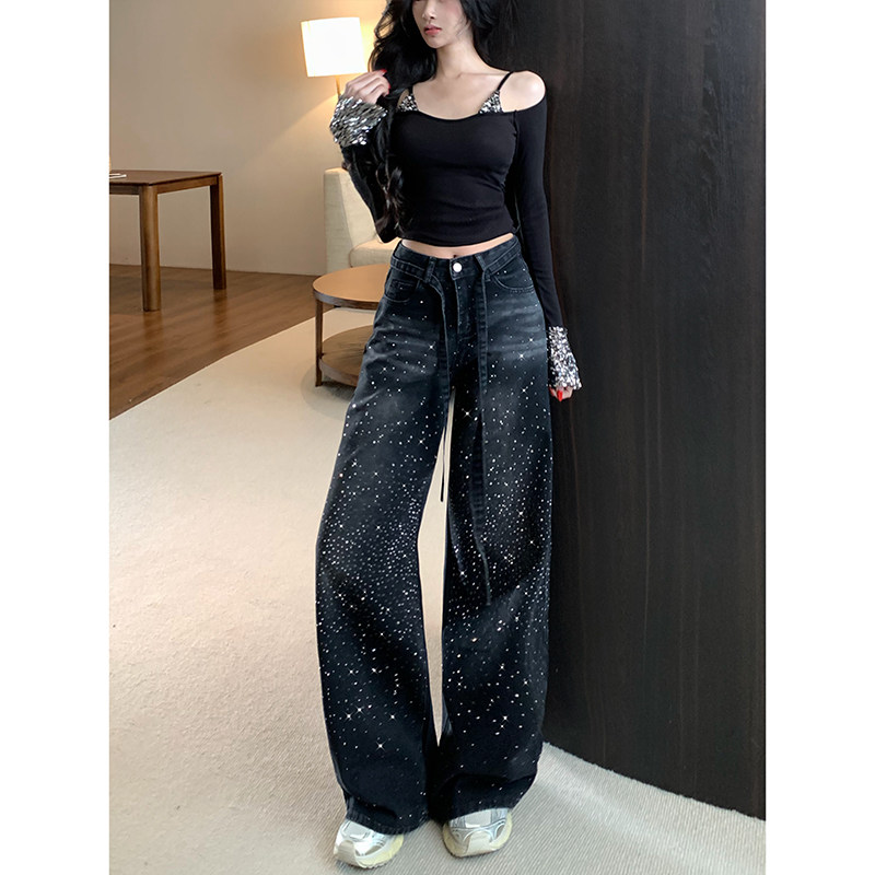 李李服饰碎落星河重工烫钻阔腿牛仔裤女2026冬季加绒高显瘦堆堆裤,淘宝优惠券,粉丝福利购,淘宝优惠卷