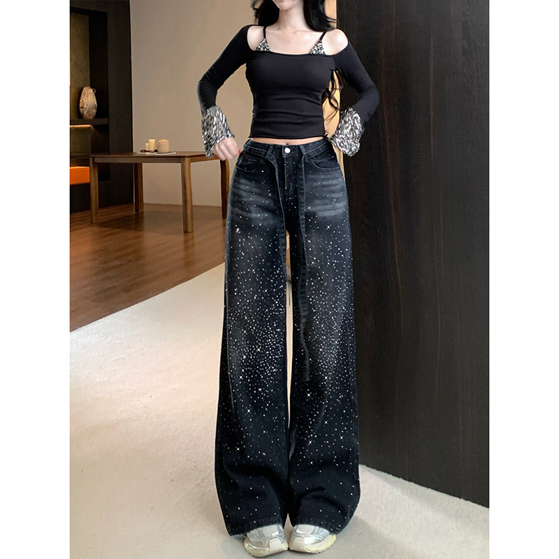 李李服饰碎落星河重工烫钻阔腿牛仔裤女2026冬季加绒高显瘦堆堆裤,淘宝优惠券,粉丝福利购,淘宝优惠卷