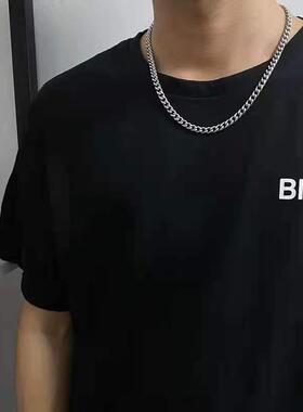 钛钢不掉色银色小砖块项链男潮嘻哈简约小众设计百搭帅气海王炸街