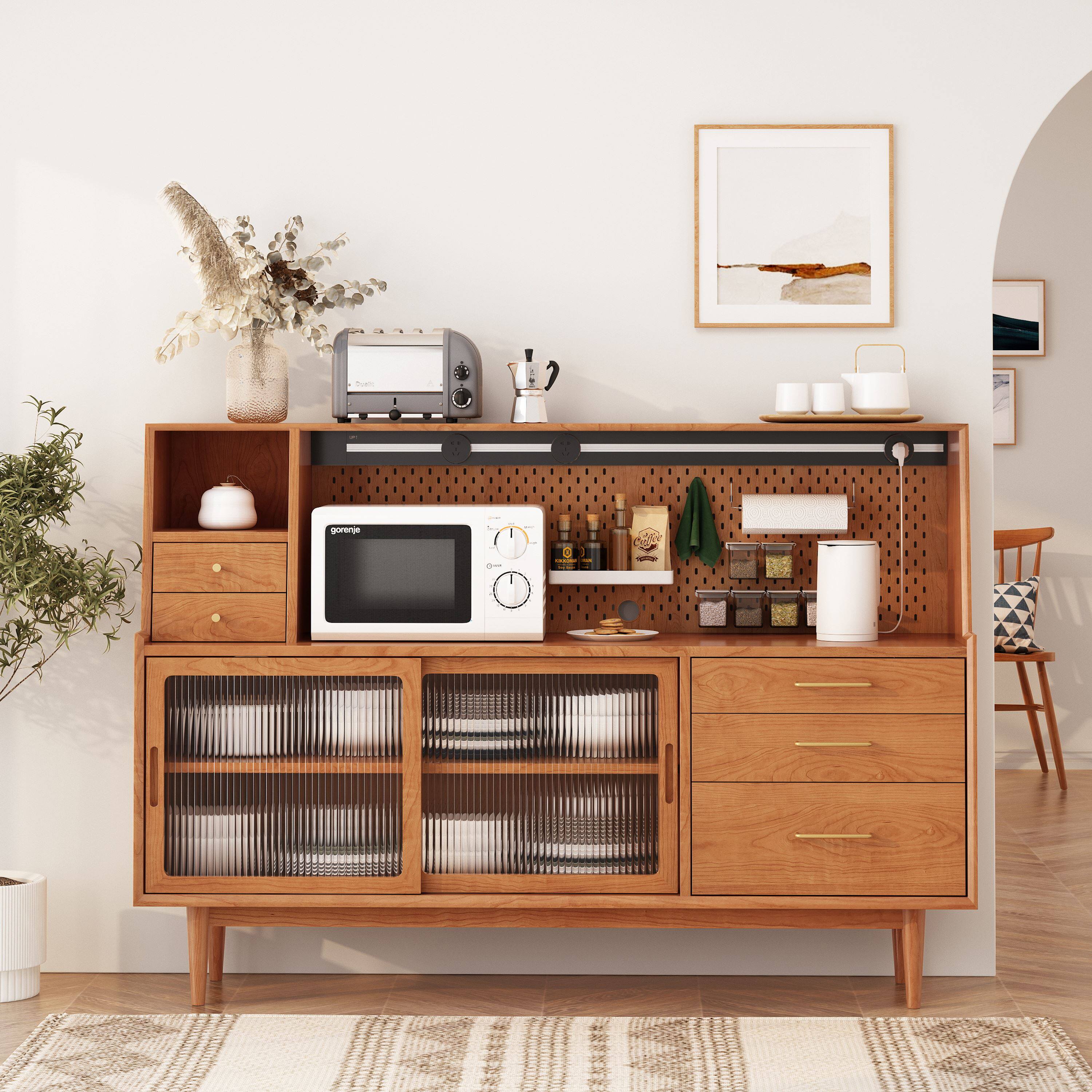 北欧实木餐边柜茶水酒柜客厅展示柜洞洞板碗柜多功能咖啡机玄关柜