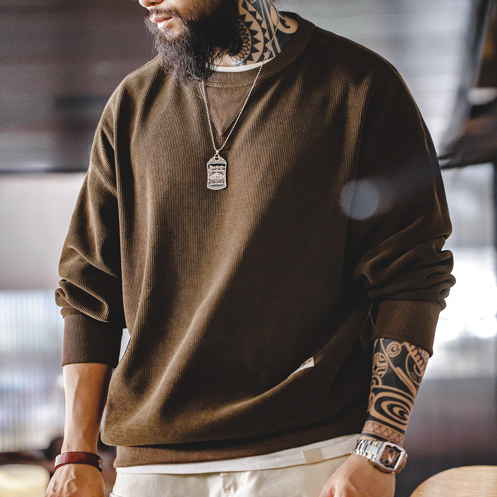 马登工装 美式复古重磅雪尼尔卫衣圆领基础款抗皱打底长袖T恤男秋 - 图2