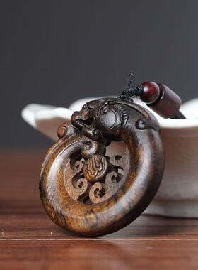 芽庄沉香木雕刻鱼化龙平安扣招财转运情侣款复古文玩吊坠车载挂件
