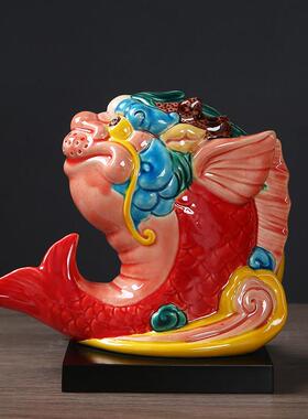 创意交趾陶招财龙鱼鲤鱼跃龙门摆件公司桌面博古架龙吉祥物装饰品