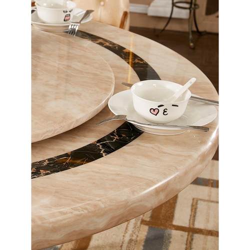 欧式大理石圆桌餐桌北欧浅米黄色别墅餐桌椅组合带转盘家用圆饭桌 - 图1