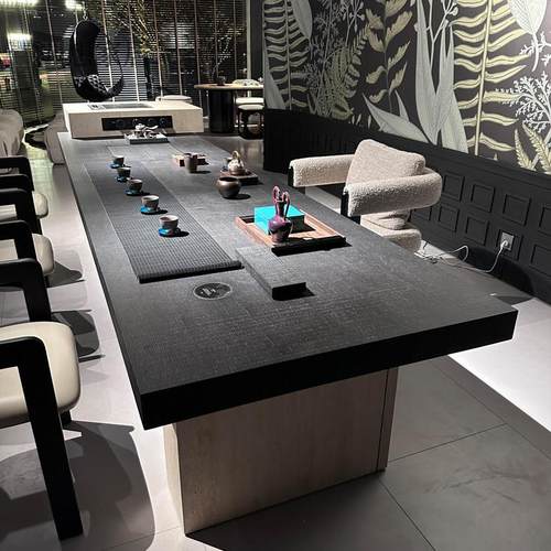 新中式实木茶桌现代别墅极简黑色办公室商务家用天然洞石岛台茶台 - 图2