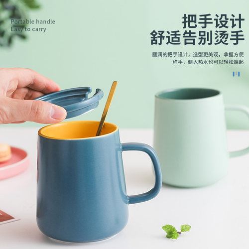 马克杯带盖勺杯子陶瓷简约北欧ins创意家用个性男女学生潮流水杯 - 图1