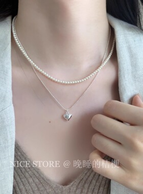 晚睡的桔梗「澄心」 ins简约叠戴珍珠爱心气质项链轻奢锁骨链
