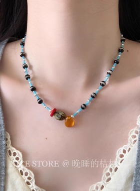 晚睡的桔梗I天然石玛瑙撞色项链