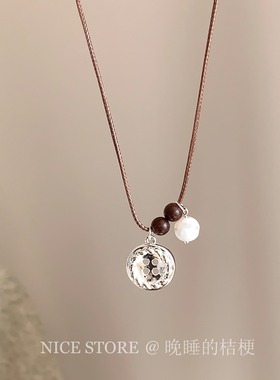 晚睡的桔梗「原声」韩系ins纽扣珍珠项链棕色银扣吊坠简约毛衣链