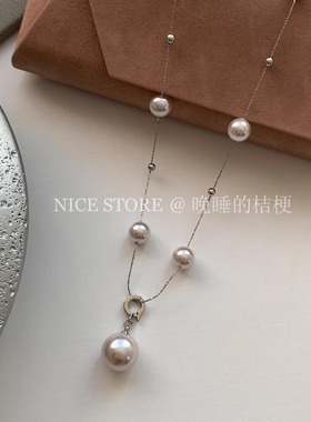 晚睡的桔梗「涟珠」满天星曼塔玫瑰珍珠项链正圆多戴可调节锁骨链